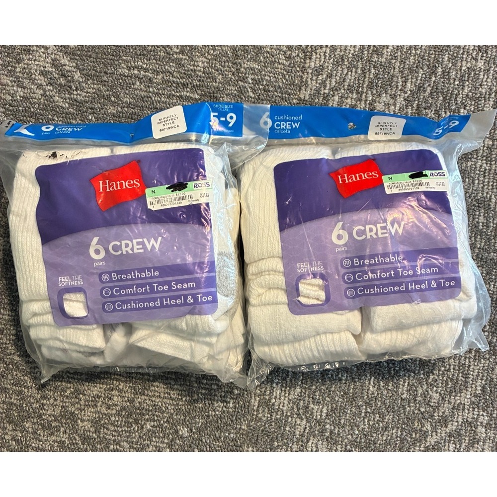 Hanes Womens Cushioned Crew Socks 12 Pairs White Shoe Size 5-9 Sealed